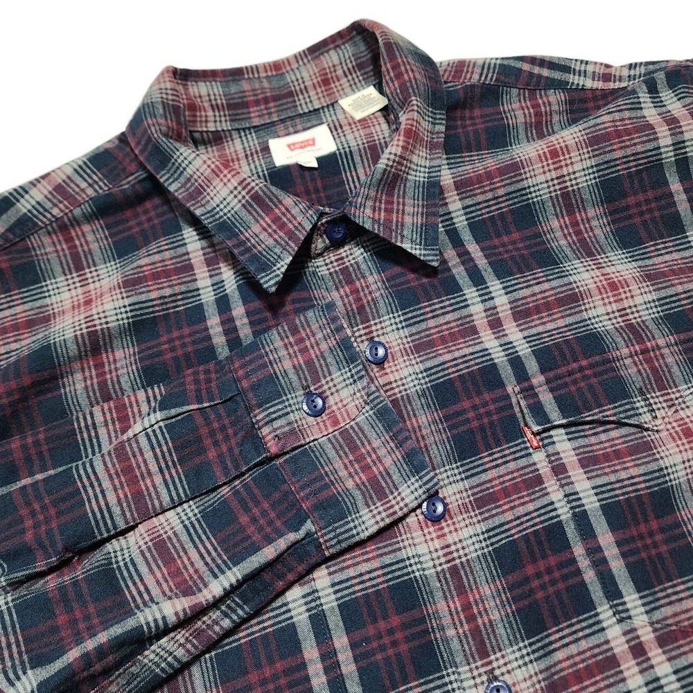 Levi's Button Up Shirt Men XXL Blue‎ Red Plaid Long Sleeve Cotton Blend Flannel